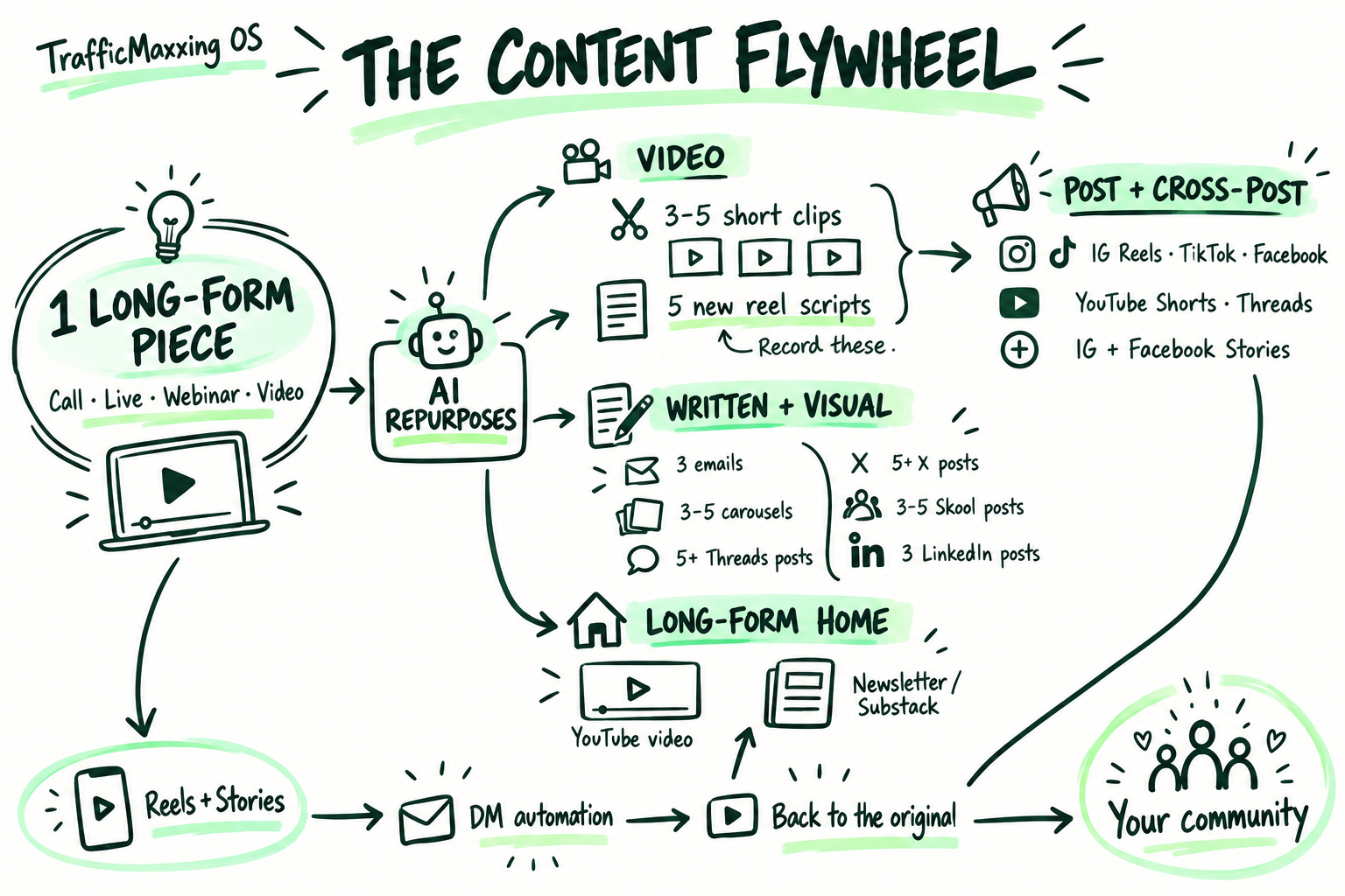 Steph’s content flywheel sketch: repurpose long-form content into video, written and visual formats, then distribute and reuse it.