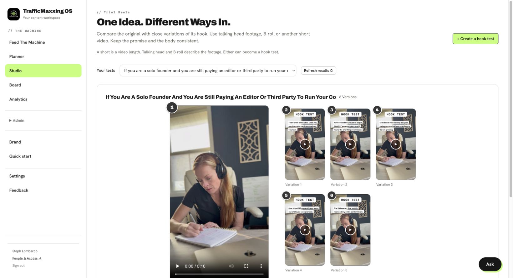 Steph’s Trial Reel Studio showing an original video beside five versions with different hooks